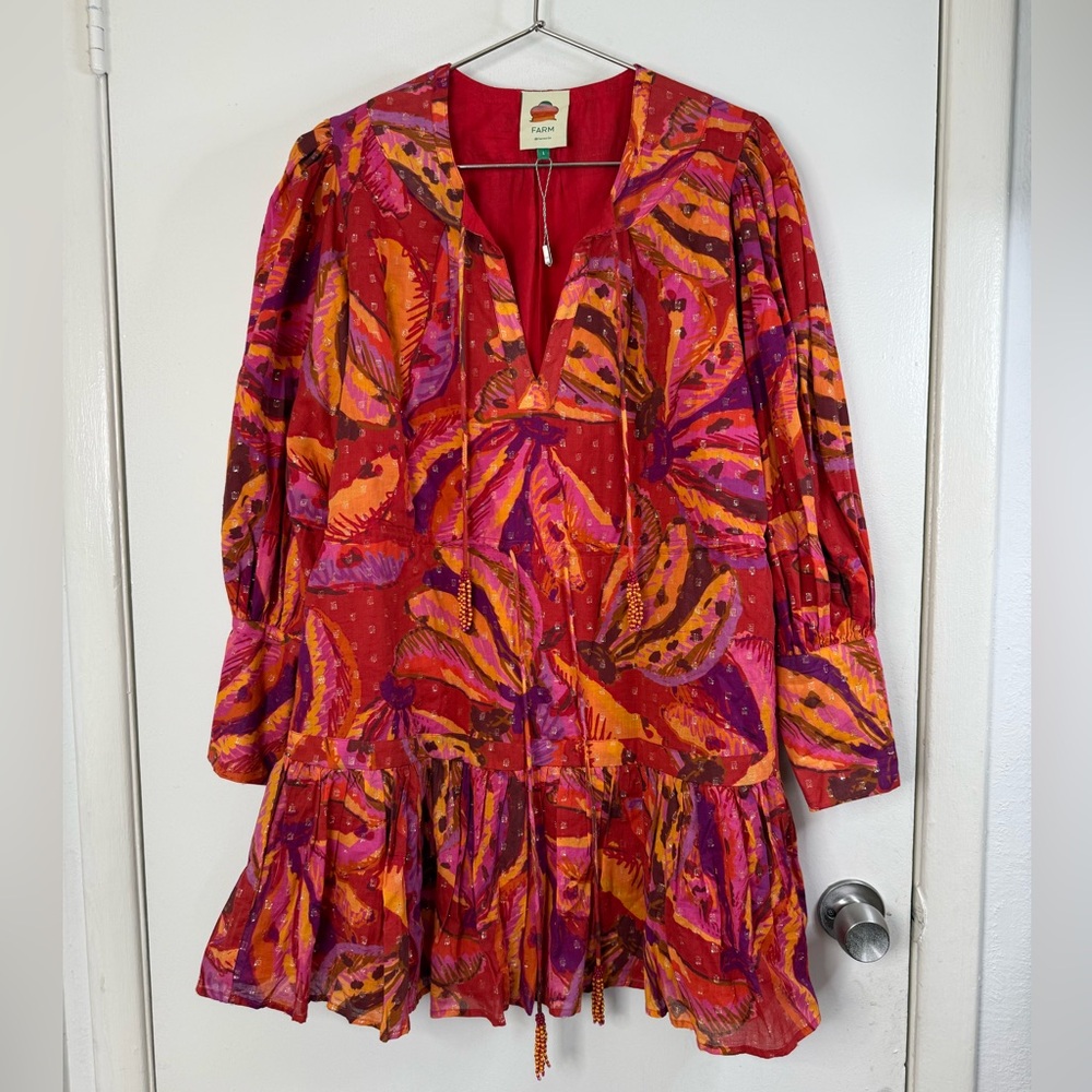 Farm Rio banana juice, pink and red, tropical, long sleeve tiered, mini dress L - Picture 4 of 12